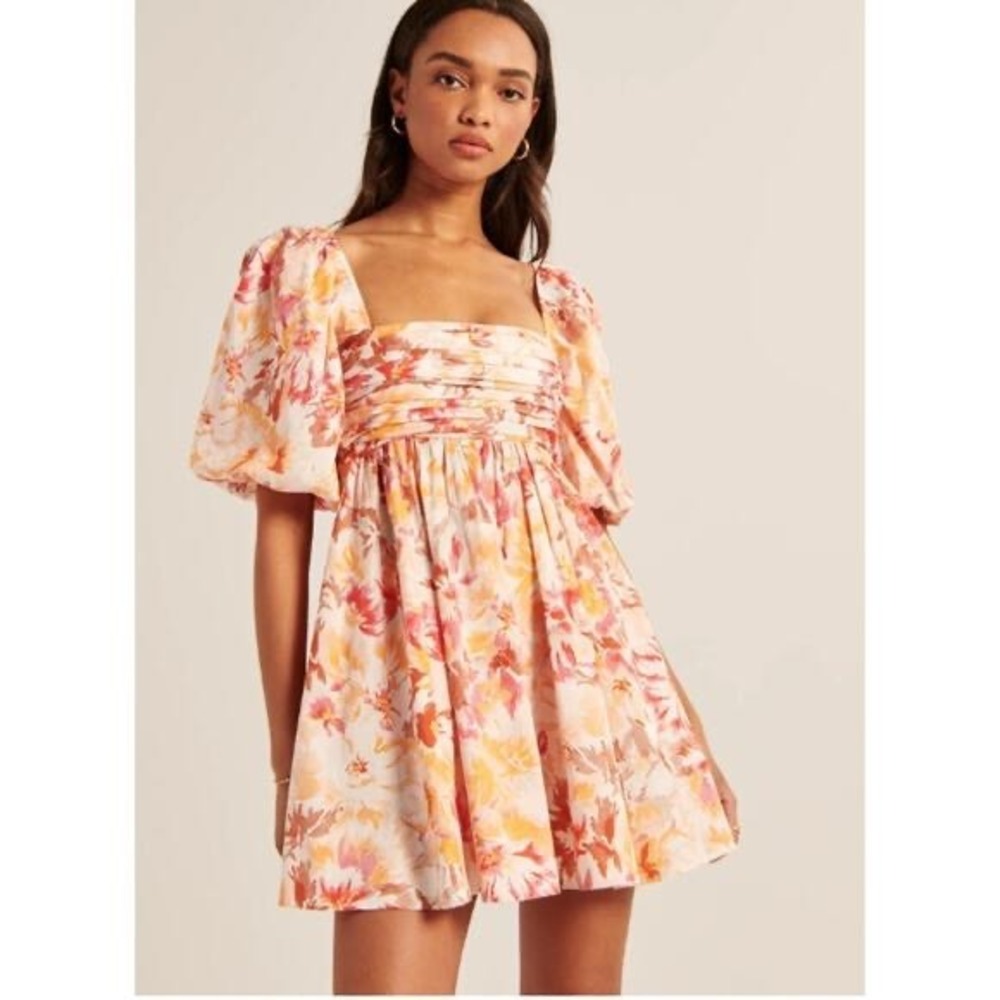 Abercrombie & Fitch Orange Pink Floral Puff Sleeve Smocked Mini Dress Medium